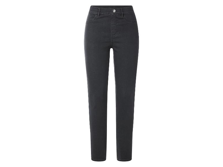 Dunkelgraue High-Waist Skinny Jeans für Damen mit Vordertaschen und Knopfverschluss.