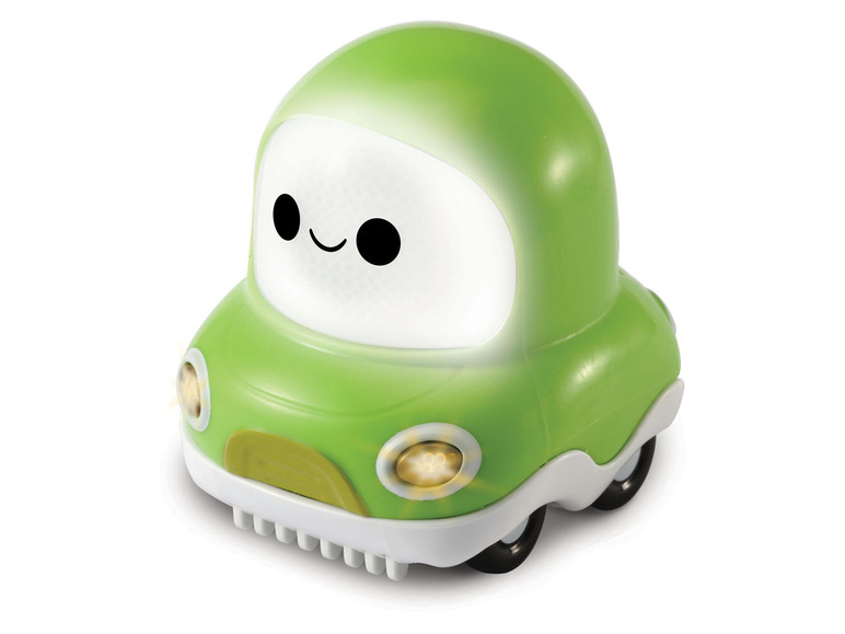 Ein grünes Spielzeugauto mit Lichtern und einem fröhlichen Gesicht.