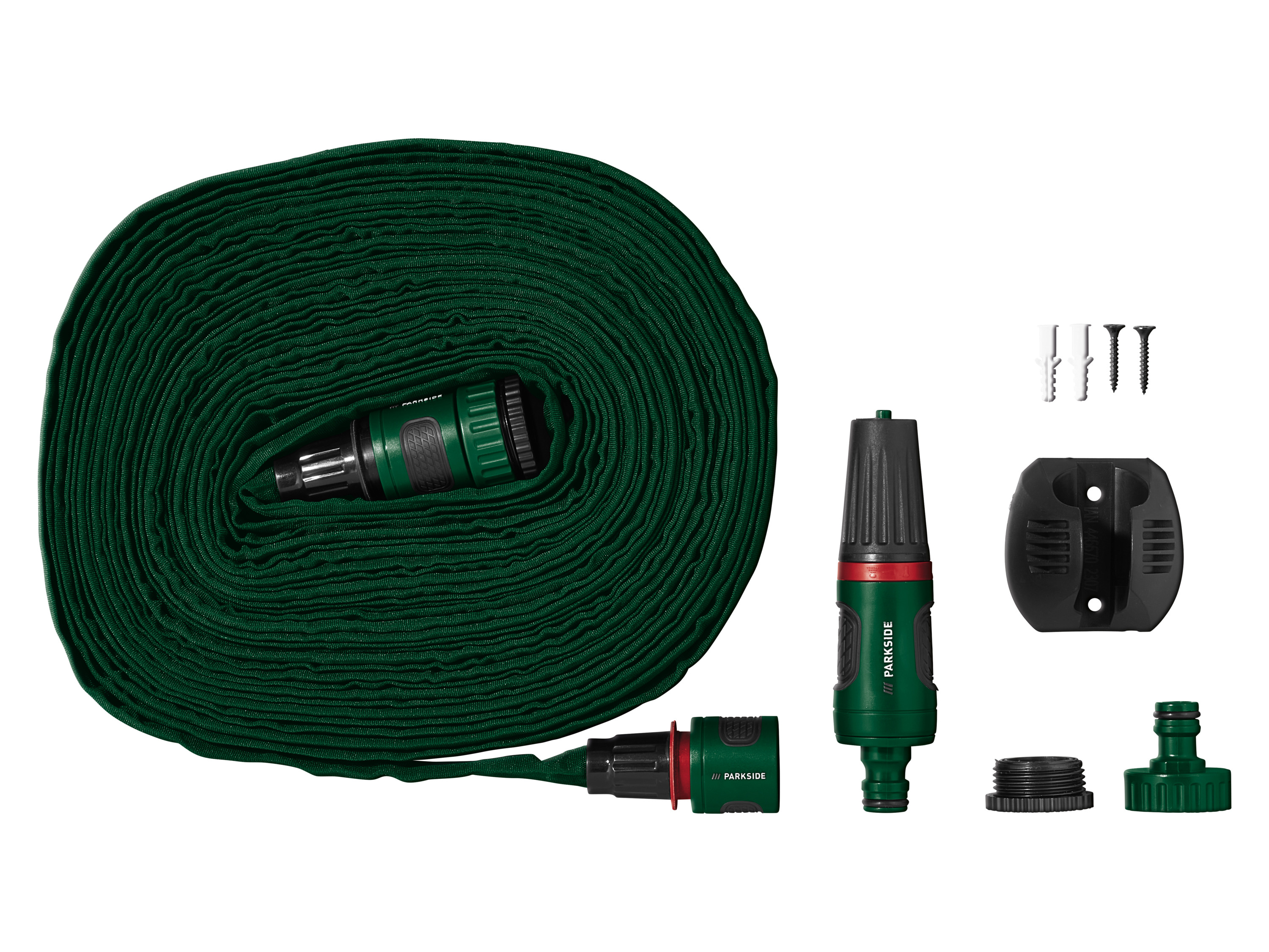PARKSIDE® Sschlauch inkl. Anschlussset und Wandhalterung (Flachschlauch 15m)““ | mit sanftem Sprühregen Flachschlauch-Set: Besonders platzsparend in aufgerolltem Zustand Ideal für Terrassen, Balkone und kleine Flächen 7-teiliges Stecksystem zur komfortablen Pflanzenbewässerung Gartenspritze mit Durchflussreglung, stufenlos verstellbar von geschlossen über feiner Sprühnebel bis Wasserstrahl Produktmerkmale tabletd Arbeitsdruck max. 4 bar Schlauchlänge Spiralschlauch-Set: ca. 10 m Terrassenschlauch-Set: ca. 7,5 m Flachschlauch-Set: ca. 15 m Schlauchdurchmesser Spiralschlauch-Set, Terrassenschlauch-Set: ca. 9,5 mm Flachschlauch-Set: ca. 20 mm 6⁄8″“ Zubehör Spiralschlauch-Set: 1x Schlauchanschluss mit Wasserstop 1x Schlauchanschluss 1x Gartenspritze 1x Hahnanschluss mit Innengewinde G1“ 1x Reduzierstück mit Innengewinde G 1x Hahnhalterung Terrassenschlauch-Set: 1x Schlauchanschluss mit Wasserstopp 1x Schlauchanschluss 1x Brause 1x Hahnanschluss mit Innengewinde G1“ 1x Reduzierstück mit Innengewinde G 1x Hahnhalterung Flachschlauch-Set: 1x Schlauchanschluss mit Wasserstopp 1x Schlauchanschluss 1x Gartenspritze 1x Hahnanschluss mit Innengewinde G1“ 1x Reduzierstück mit Innengewinde G 1x Hahnhalterung Berstdruck – Material Kunststoff Gewicht Spiralschlauch-Set: ca. 505 g Terrassenschlauch-Set: ca. 810 g Flachschlauch-Set: ca. 620 g““