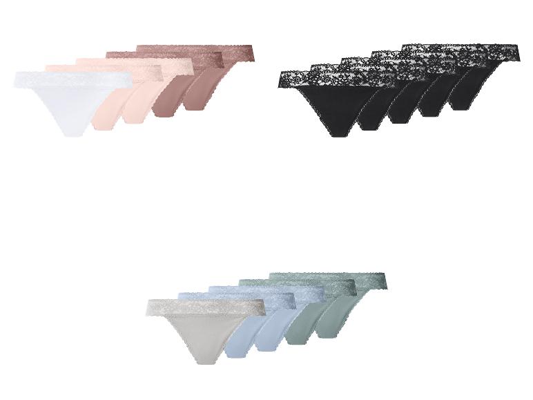 Drei Packungen Damen-Spitzen-Strings in verschiedenen Farben: Weiß, Schwarz und Blau.