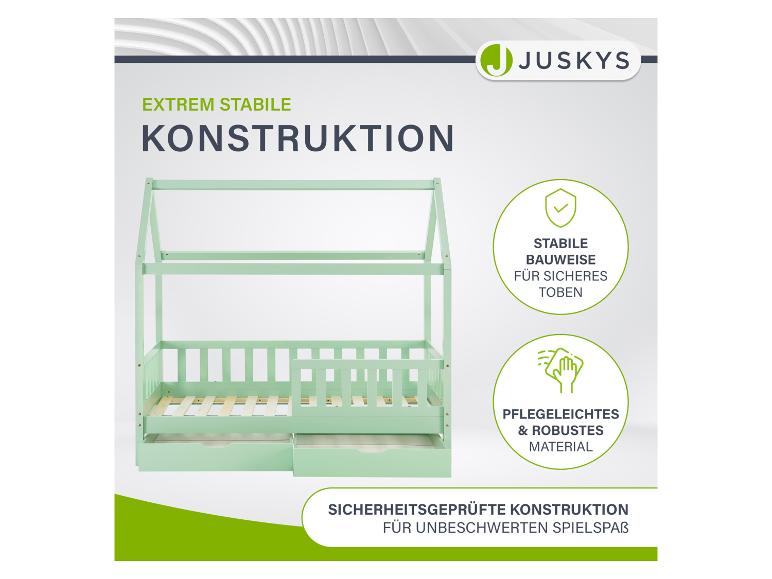Mintgrünes Kinderbett aus Holz mit Schubladen, stabile und robuste Konstruktion für sicheres Spielen.