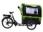 Schwarzes Elektro-Lastenrad mit grün-schwarzem Verdeck.