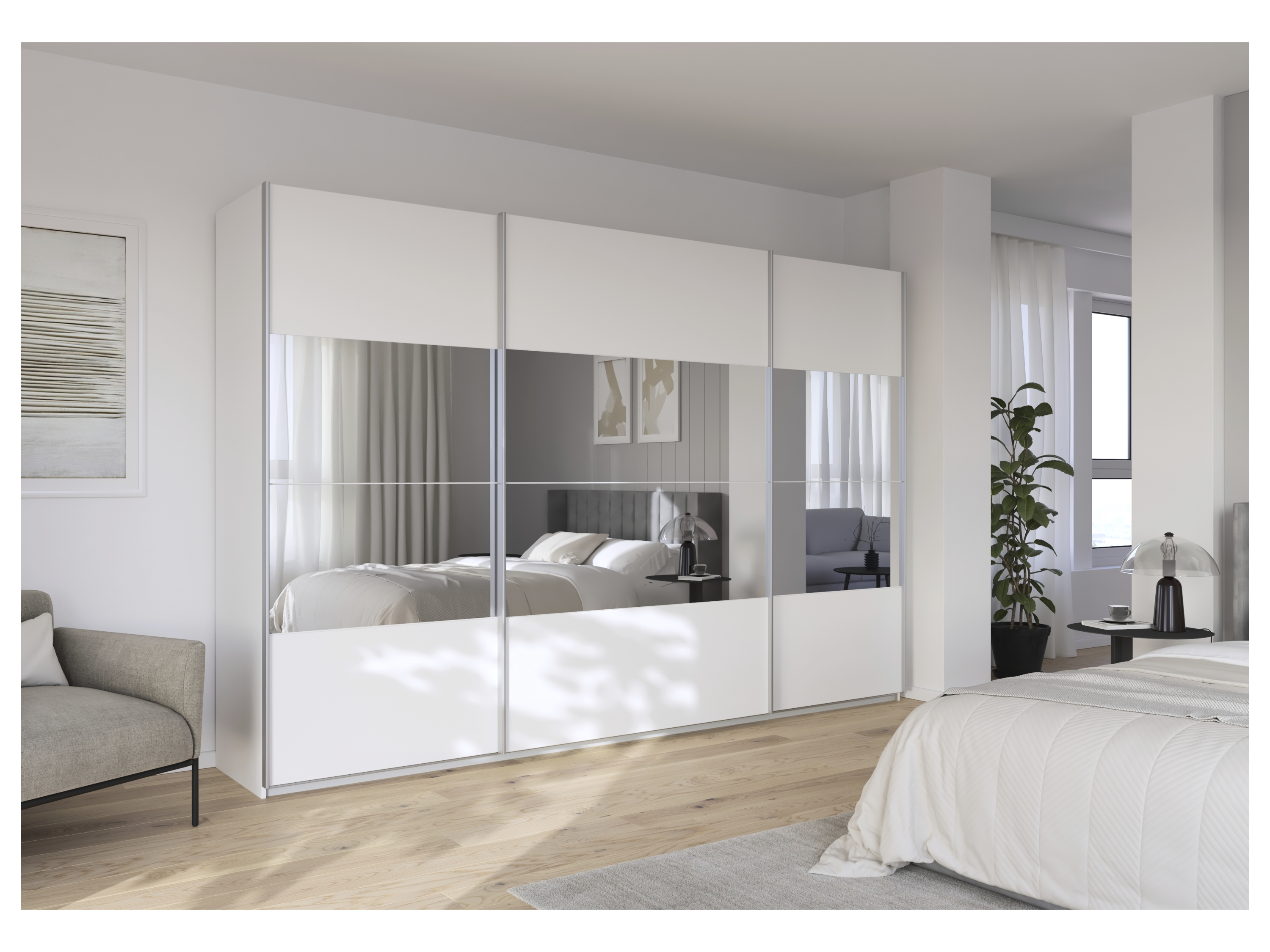 RAUCH ORANGE Quadra Schwebetürenschrank mit Spiegelelementen (Premium-Zubehör, Korpus Weiß, 315 x 210 cm) – Bild 2 von 4