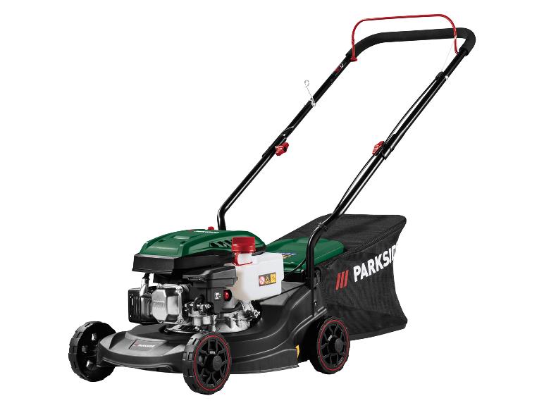 Benzin-Rasenmäher mit schwarzem Fangkorb und roten Akzenten.