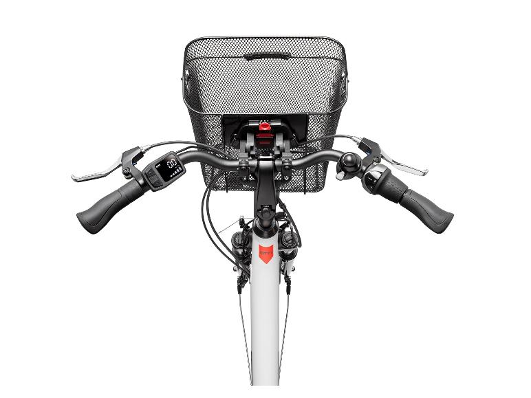 Lenker eines E-Bikes mit Korb, Display und Schaltung, von vorne gesehen.