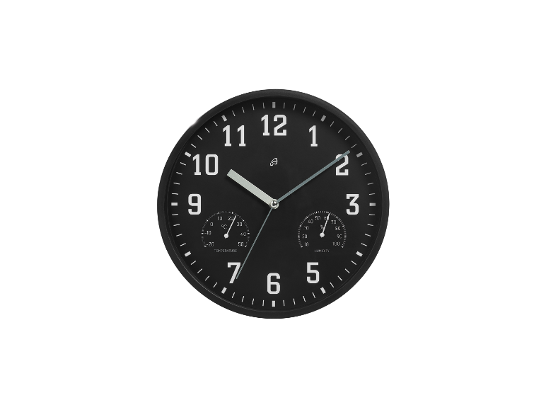 Schwarze Wanduhr mit integriertem Thermometer und Hygrometer.