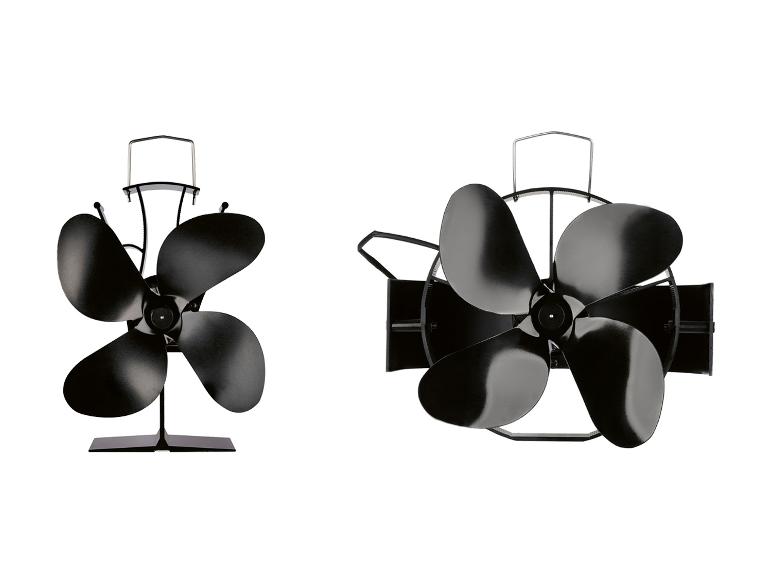 Zwei schwarze, wärmebetriebene Ofenventilatoren, einer freistehend und einer mit Halterung.