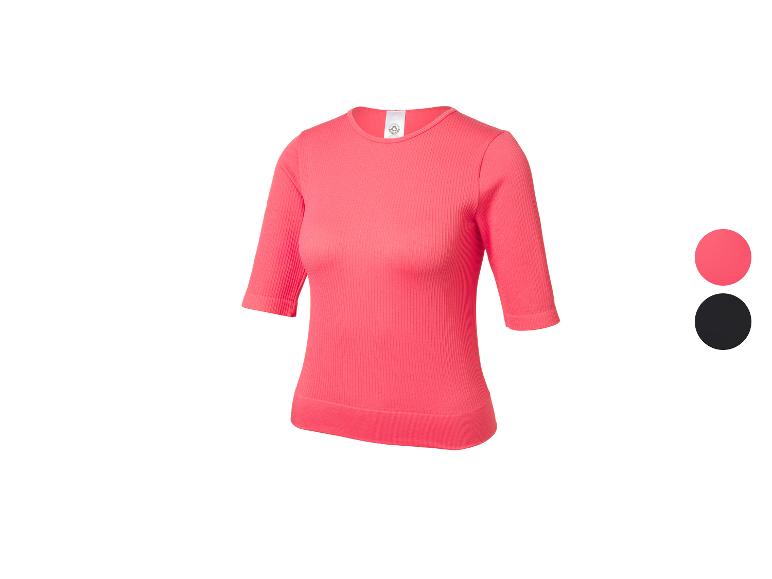 Rosa geripptes Kurzarm-Oberteil mit schwarzen und rosa Farbauswahlkreisen.