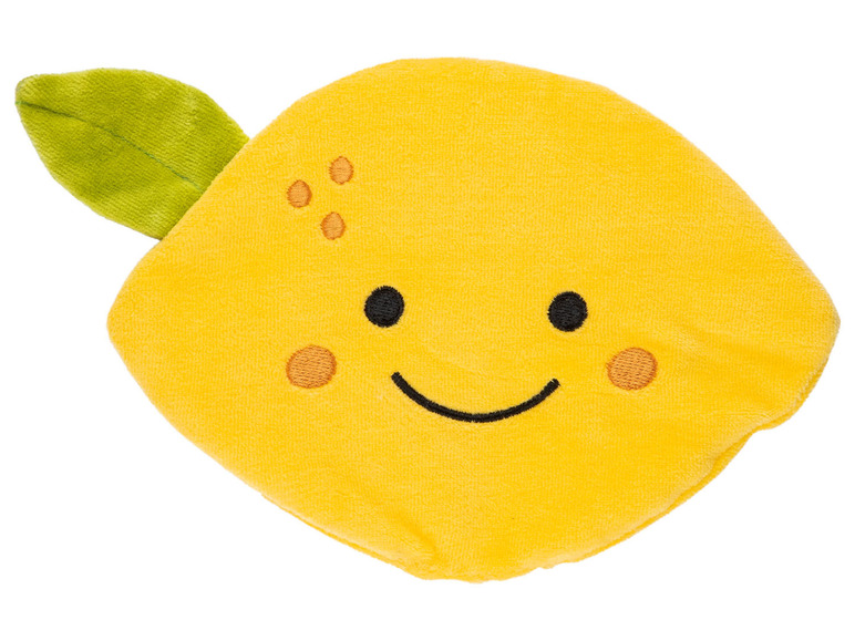 Ein gelber Plüsch-Zitronen-Spielzeug mit einem Lächeln.