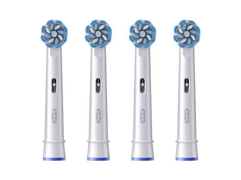 Set aus vier Ersatz-Elektrozahnbürstenköpfen mit Verschleißindikator.