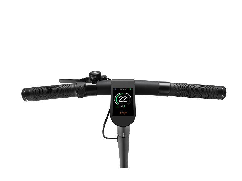Lenker eines Elektrorollers mit Display, das 22 km/h und Sportmodus anzeigt.