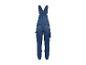 Blaue Jeans-Latzhose mit mehreren Taschen, Rückansicht.