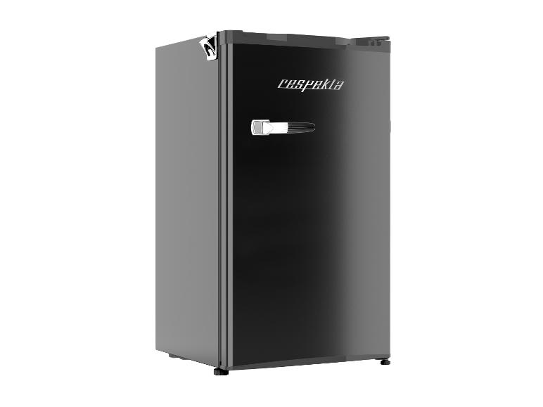 Schwarzer Kühlschrank im Retro-Stil mit Chromgriff und integriertem Flaschenöffner.