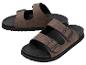 Braune Sandalen mit zwei Riemen und schwarzen Schnallen, schwarze Sohle.