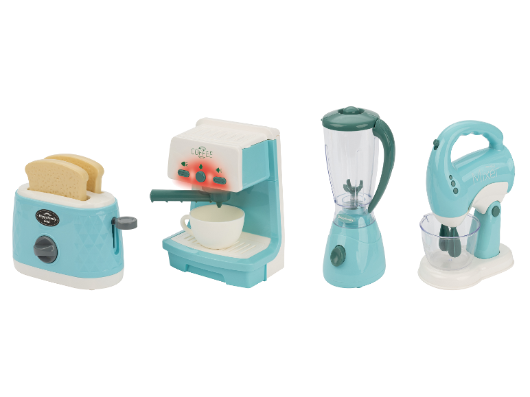LUPILU® Küchengeräte-Set: Toaster, Kaffeemaschine, Mixer und Handmixer in Türkis und Weiß.