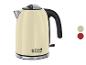 Ein cremefarbener Wasserkocher von Russell Hobbs mit einem schwarzen Griff.