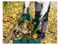 Person schaufelt Herbstlaub mit Laubgreifern in einen grünen Gartenabfallsack.