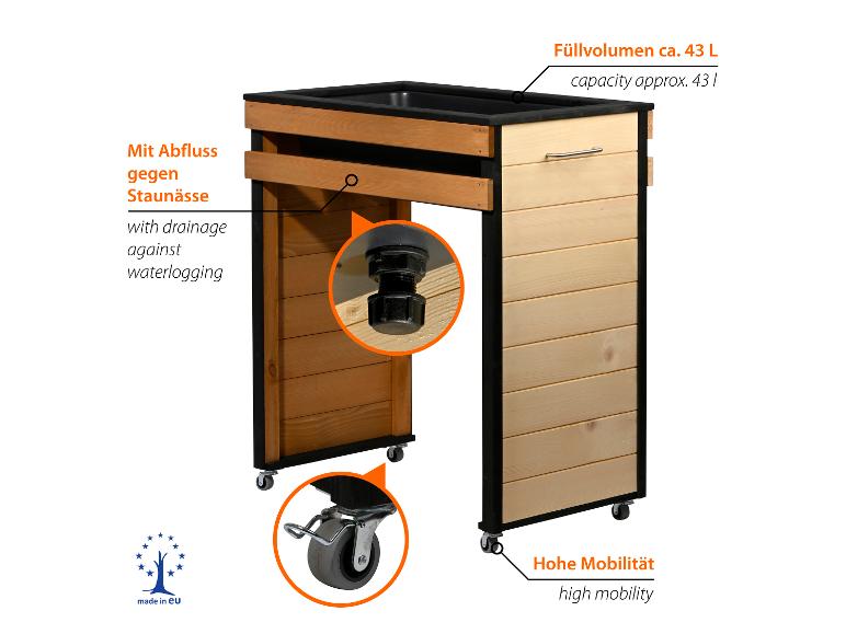 Hochbeet aus Holz und Metall auf Rollen mit Drainage und ca. 43 L Fassungsvermögen.
