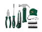 Werkzeugset mit Hammer, Zange, Schraubendreher, Cuttermesser, Maßband und Bits.