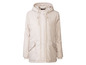 Beige Winterjacke mit Kapuze.