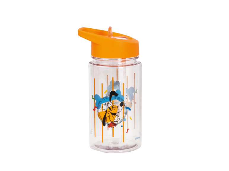 Eine durchsichtige Trinkflasche mit orangefarbenem Deckel und einem Disney Pluto Motiv.
