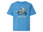 Blaues T-Shirt mit Fast-Food-Skateboard-Motiv und dem Text „FAST FOOD“.