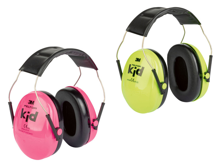 Zwei rosa und gelbe 3M Peltor Kid Gehörschutz.