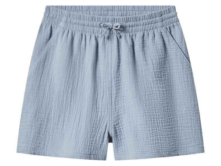 Hellblaue zerknitterte Baumwollshorts mit Gummizug und Kordelzug