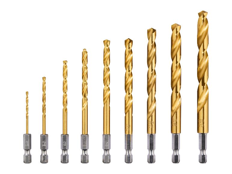 Ein Satz goldener Bohrer in verschiedenen Größen mit Sechskantschäften, von 2,0 bis 10,0.