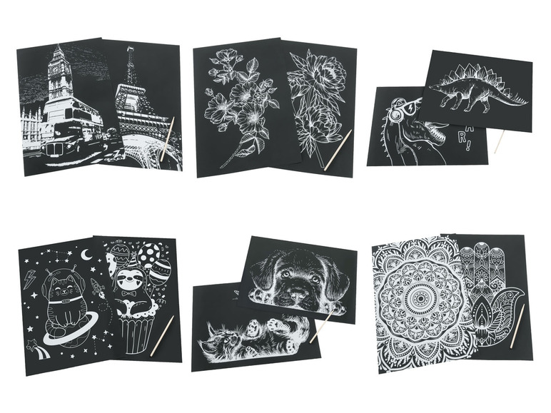 Scratch-Art-Set mit Motiven von Dinosauriern, Mandalas, Tieren und Reisen.