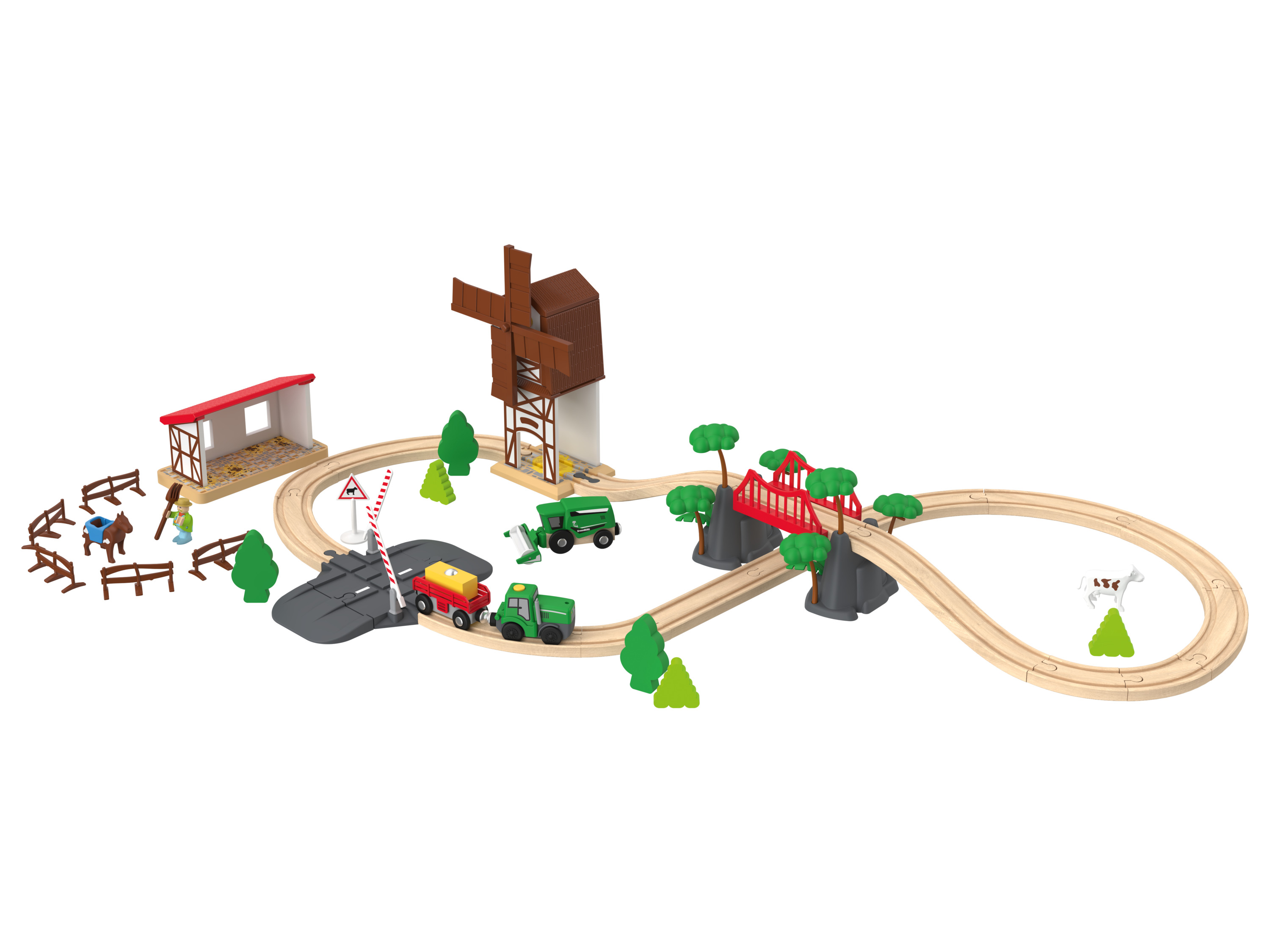 Playtive Holz Eisenbahnset (Bauernhof)““ | Fantasie und Feinmotorik Alle Fahrzeuge mit Magnetkupplungen Umfangreiche Ausstattung für viele kreative Aufbauvarianten Kombinierbar mit weiteren Bahn- und Fahrzeugsets von Playtive und handelsüblichen Holzschienen-Sets Inkl. Batterien Feuerwehr: Liebevoll gestaltete Stationen: Feuerwehrhauptquartier mit Sirene und Blaulicht, Hängebrücke und Bahnübergang Selbstfahrender batteriebetriebener Feuerwehrtruck mit Vor- und Rückwärtsfahrfunktion und Stoppfunktion Inkl. Leiterwagen, Hubschrauber und 2 Spielfiguren Max. Streckenlänge: ca. 2,85 m 47-teilig Countryside: Liebevoll gestaltete Stationen: Große Windmühle