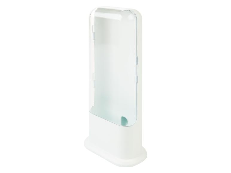 Ein weißer Spender mit einem transparenten Fach zum Aufbewahren von Küchenrollen.