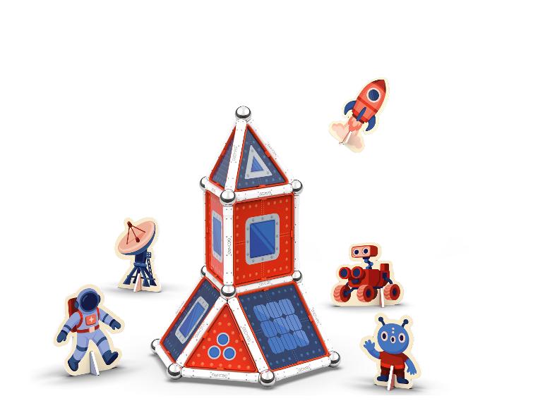 Magnetisches Baustein-Set mit Weltraum-Thema, Rakete, Astronaut und Roboter.
