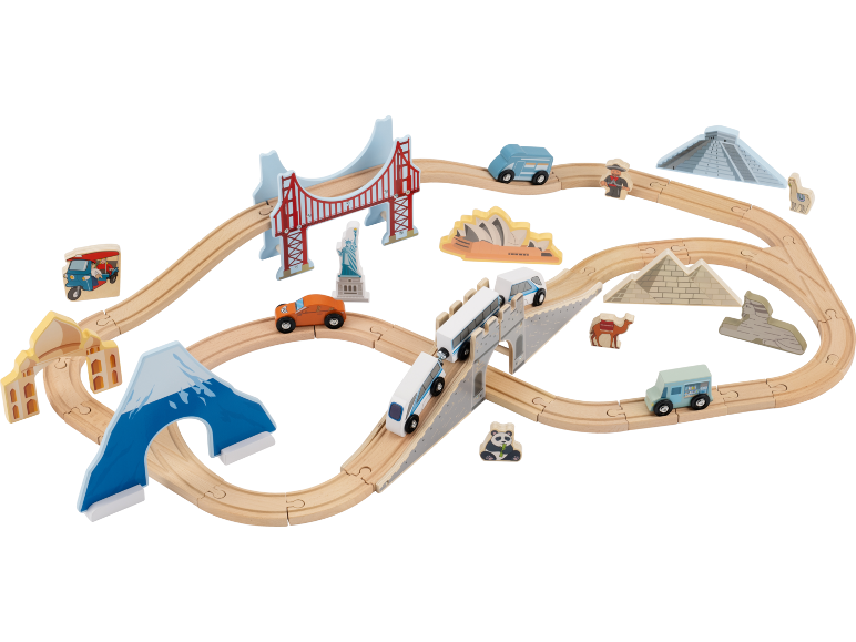Holzeisenbahn-Set mit Schienen, Fahrzeugen und ikonischen Weltmonumenten.