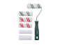 Farbroller-Set mit Griff, inklusive Rollen mit roten und grünen Streifen sowie weißen Rollen.