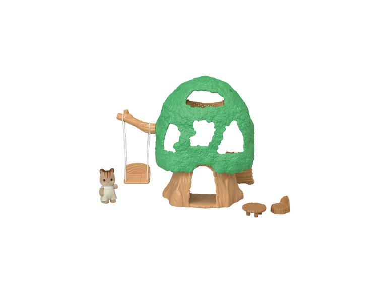 Eichhörnchenfigur mit Baumhaus-Spielset, inklusive Schaukel, Tisch und Stuhl.