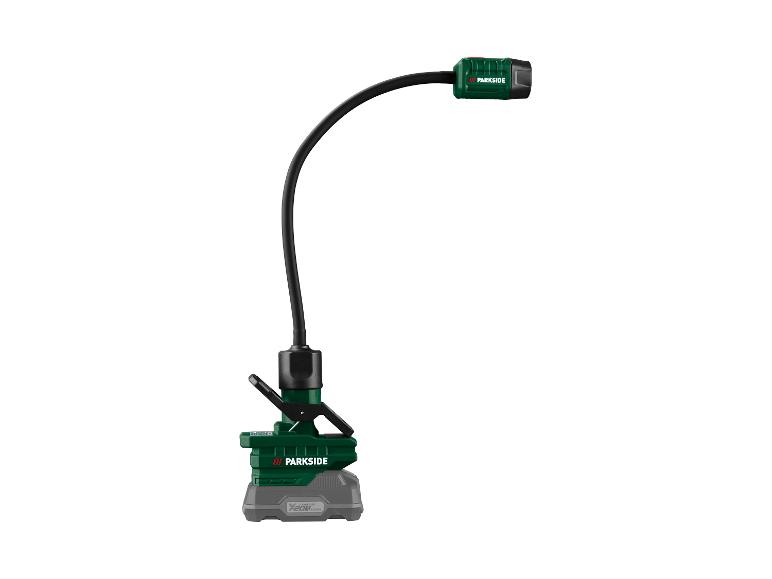 Akku-LED-Arbeitsleuchte mit flexiblem Schwanenhals und Klemme.