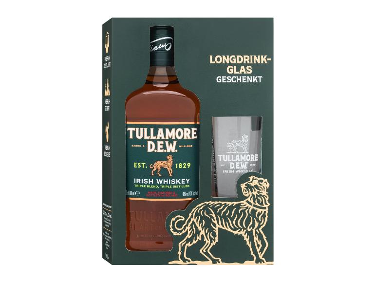 Whiskyflasche und Glas Geschenkset in dunkelgrüner Box mit goldenen Akzenten.