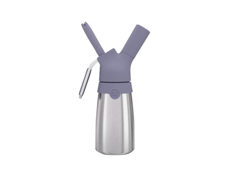 Edelstahl-Sahnespender mit lila Kopf und Hebel.