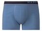 Blaue Boxershorts mit einem 'HAPPY'-Bund.