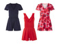 Drei Jumpsuits: dunkelblau, rot und rosa mit Blumenmuster.