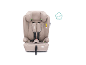 Beiger Kindersitz mit Gurt, geeignet für Körpergrößen von 100-150 cm.