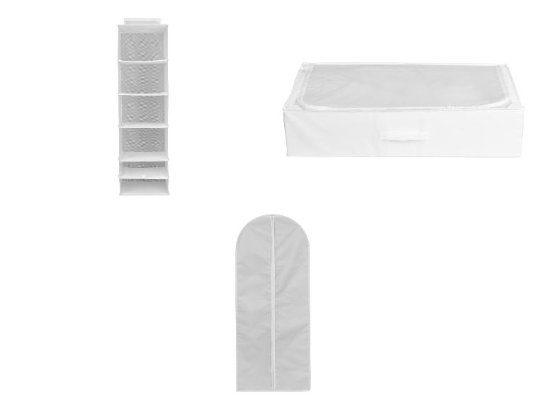 Weißer hängender Kleiderschrank-Organizer, Unterbett-Aufbewahrungsbox und Kleidersack.