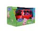 Rotes Spielzeugauto mit Schweinefiguren in einer Box, beschriftet mit „Family Car R/C“.