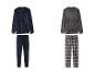 Zwei Herren-Pyjama-Sets, eines aus marineblauem Samt und eines grau mit karierter Hose.