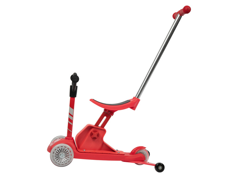 Ein roter Roller mit Sitz für kleine Kinder.