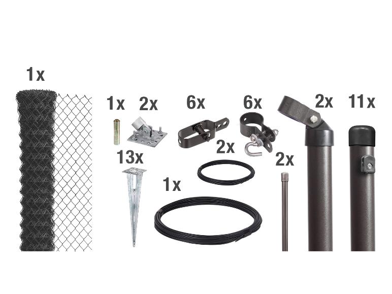 Zaunbau-Set: Rollenzaun, Pfosten, Klemmen und Zubehör.