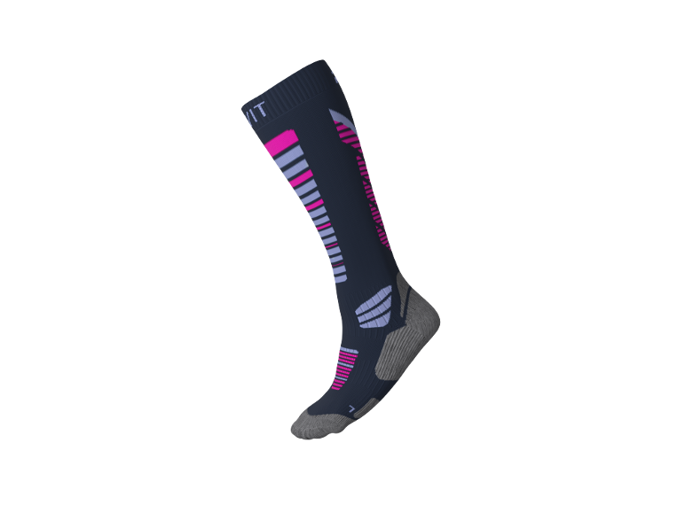 Marineblaue Skisocke mit rosa und lila Streifen, grauer Ferse und Spitze.