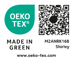 MADE IN GREEN Siegel mit Text M2ANRK168 Shirley und QR-Code.