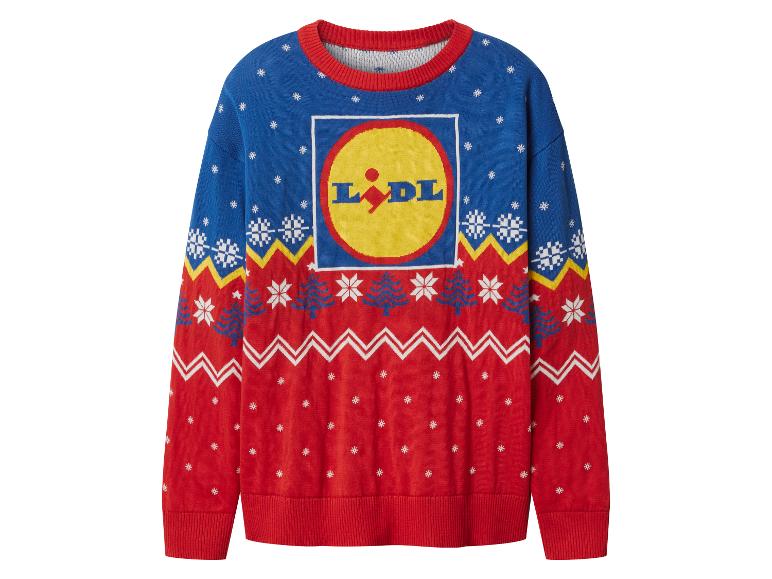 Lidl Weihnachtspullover in Blau und Rot mit Schneeflocken und Logo.